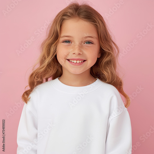 Kid Girl wearing a white sweatshirt Mockup on light pink background cute