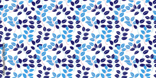 Abstract cute tiny leaves branches intertwined into a seamless pattern. Blue bright creative leaf stems patterned on a white background. Vector hand drawing. Collage for printing, design, fabric