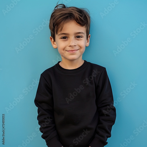 Kid Boy wearing a black T-Shirt Mockup on blue background isolated cute