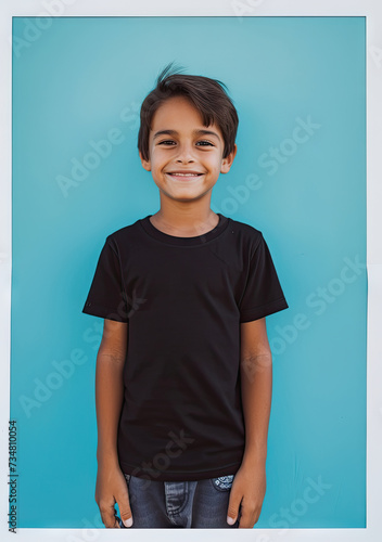 Kid Boy wearing a black T-Shirt Mockup on blue background isolated cute