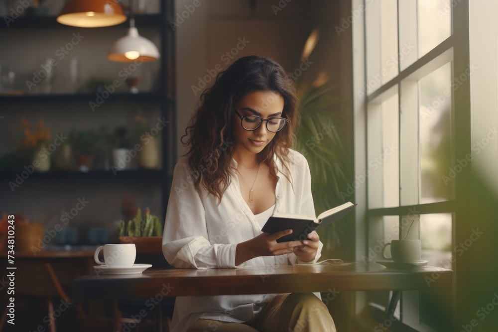 Woman reading book in café, tranquil leisure time. Woman reading book in café, tranquil leisure time.