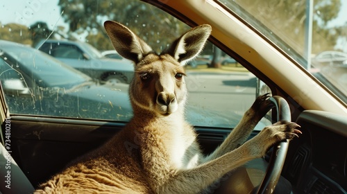 A kangaroo sitting at the wheel of a car - AI Generated Digital Art
