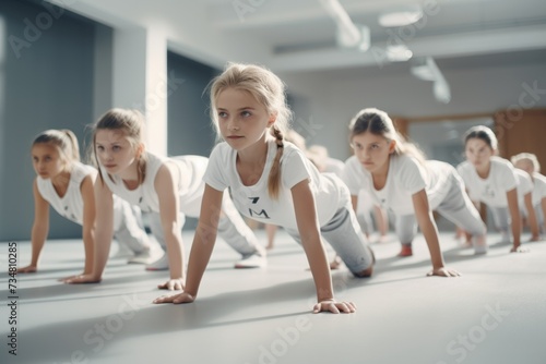 Schoolgirls doing push-ups, physical education class.