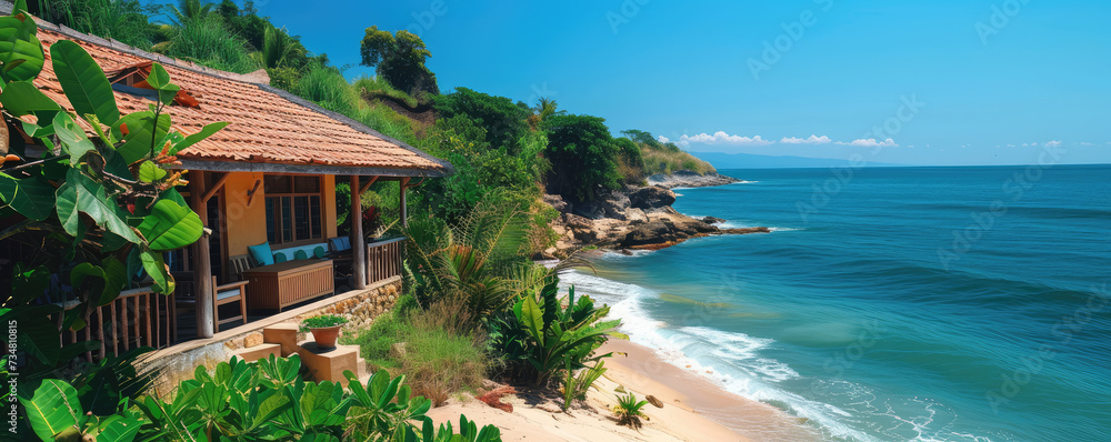 Fototapeta premium Secluded beach house nestled in tropical greenery overlooking a serene blue ocean and private sandy beach.