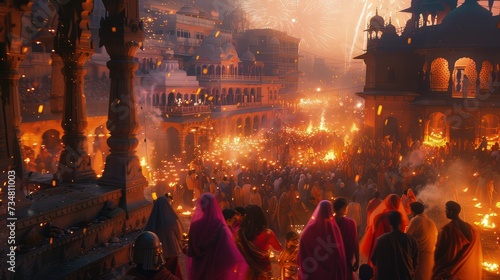 Diwali Celebration: Vibrant streets, sparkling fireworks, traditional attire, festive atmosphere