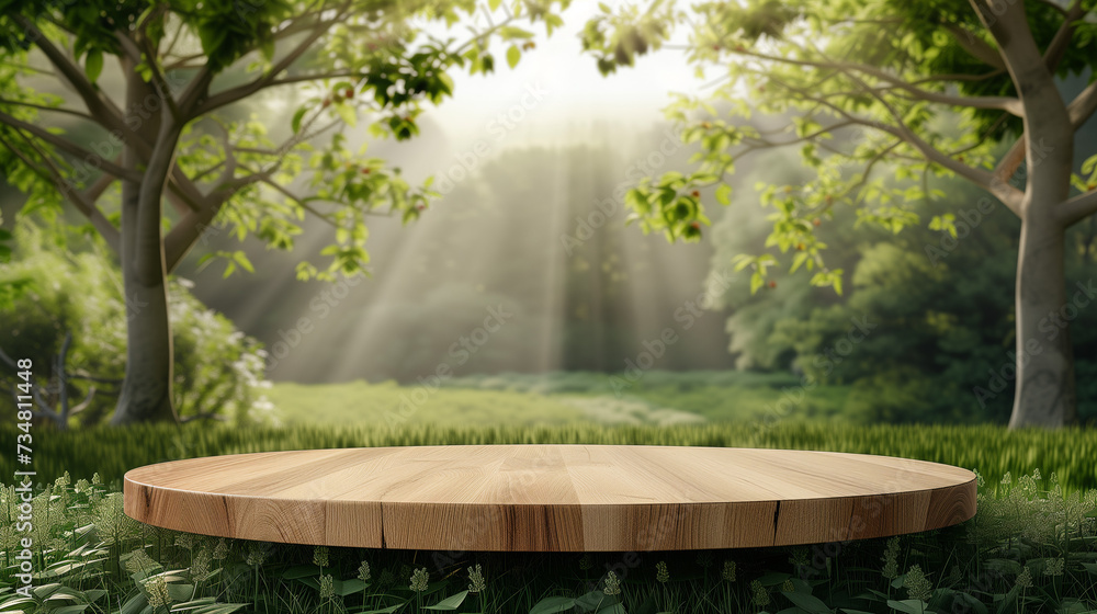 Tree Table wood Podium in farm display for food, perfume, and other products on nature background Tree Table wood Podium in farm display for food, perfume, and other products on nature background