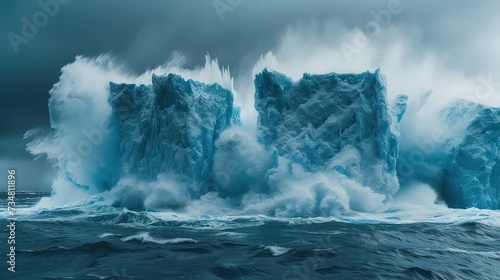 Urgent Climate Crisis: Polar ice cap melting, massive icebergs breaking apart, swirling frigid waters, stark icy blues against dark ocean