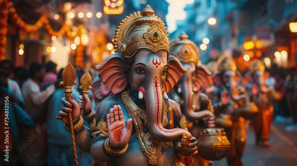 Ganesh Chaturthi Festive Procession with Elaborate Idols and Rhythmic Drumming