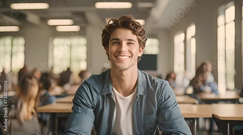 A man is seen expressing a sweet smile, with a classroom setting subtly blurred in the background photo