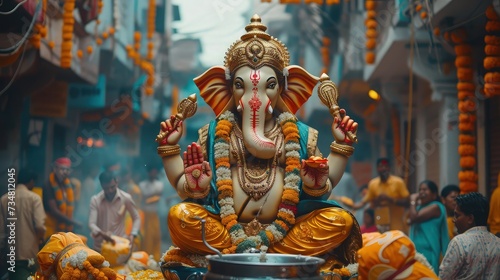 Ganesh Chaturthi Festive Procession with Elaborate Idols and Rhythmic Drumming © pengedarseni