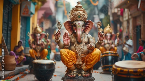 Ganesh Chaturthi Festive Procession with Elaborate Idols and Rhythmic Drumming