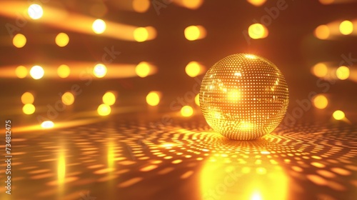 Golden shiny disco ball on shiny glowing abstract blurred, Space for text