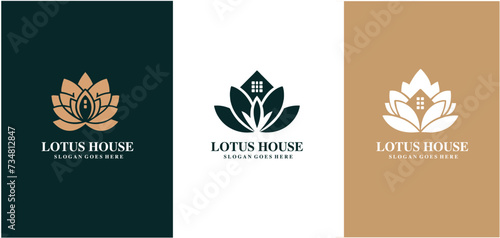Creative simple Artistic Lotus Flower with house logo design set illustration