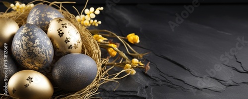 Easter Decoration. Golden Eggs on Dark Shale Background © Влада Яковенко