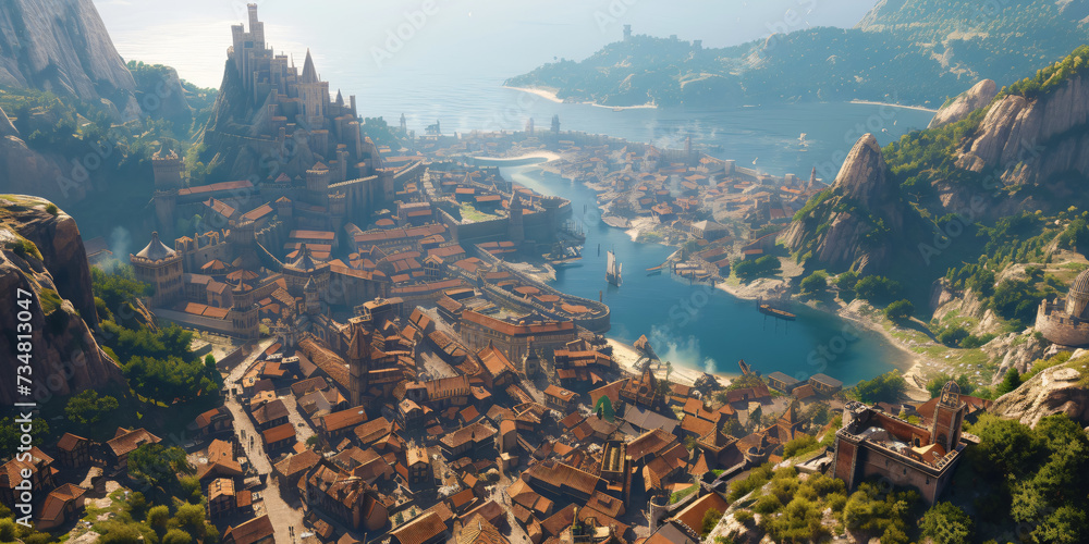 medieval fantasy city built over hills, view of the river and mountains ...