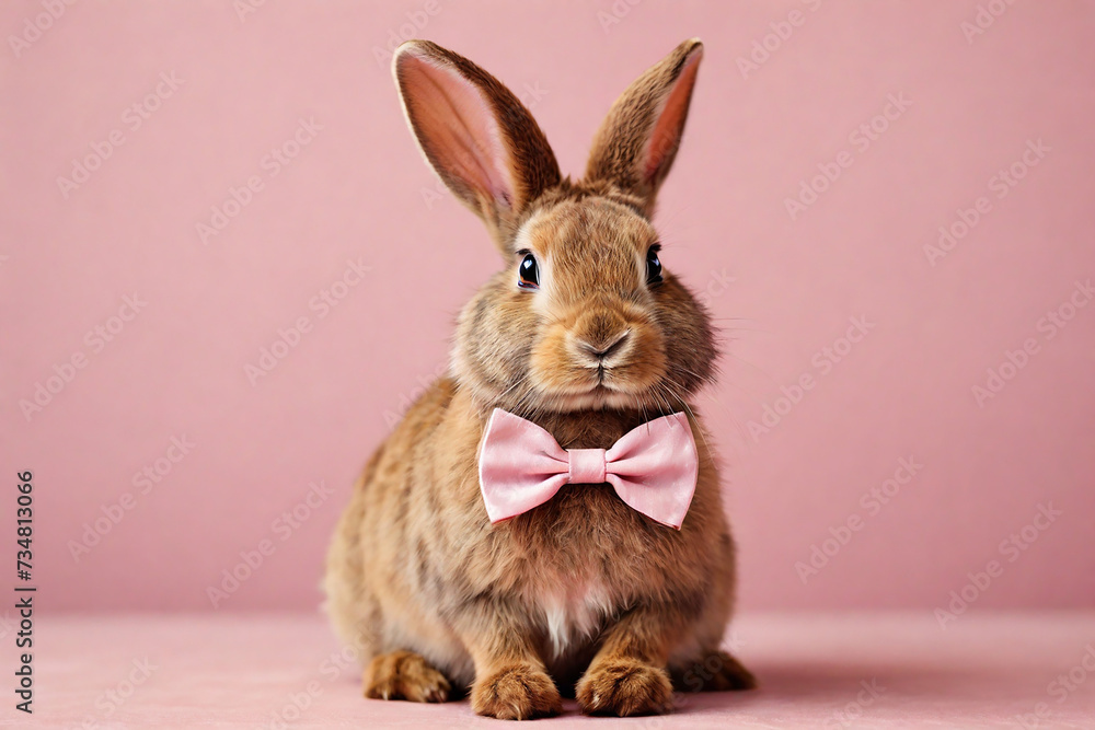 Fototapeta premium Cute little rabbit with bow tie on pink background, closeup