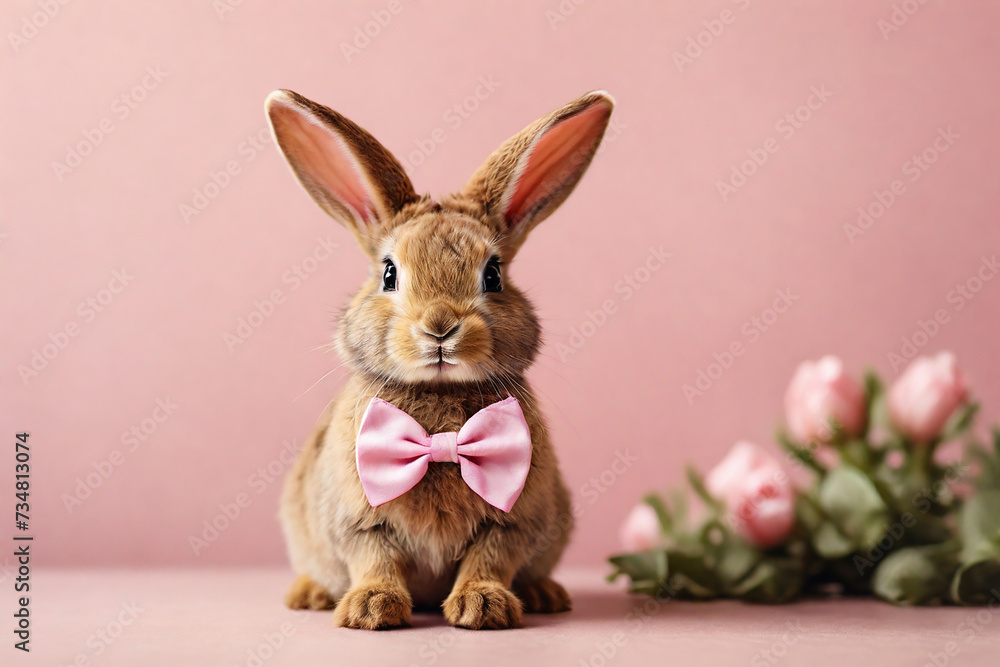 Easter bunny with pink bow tie and tulips on pink background
