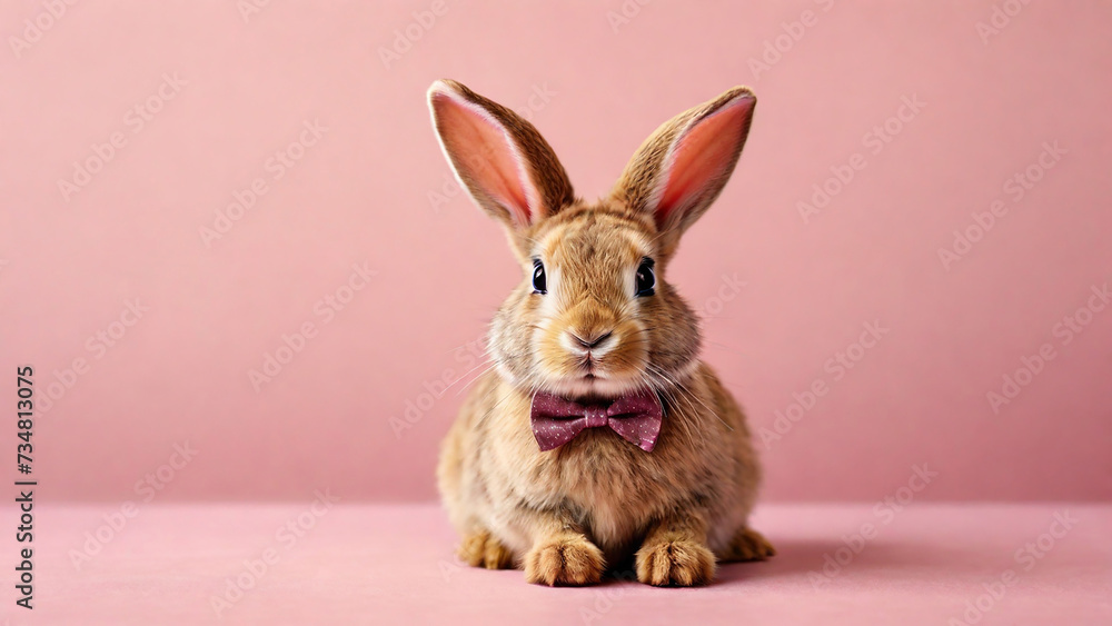 Fototapeta premium Cute little rabbit with bow tie on pink background, easter concept