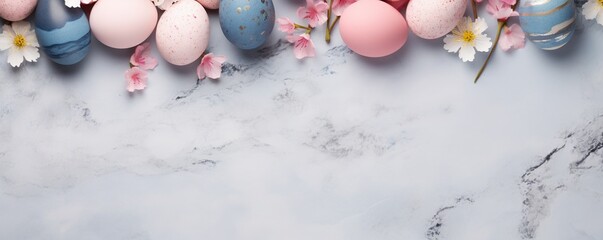 Stylish easter eggs and spring flowers border on pink paper flat lay, space for text. Modern natural dyed blue and marble easter eggs