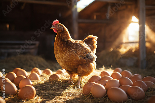 Chickens and eggs on the farm in the rays of the sun