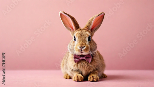 Cute little rabbit with bow tie on pink background, easter concept