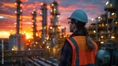 Copy space a worker looking at a diesel oil distillery at sunset, innovative page design, professional photography, AI Image Generative