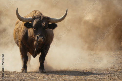 A large bull with big horns is standing in the dirt. It is kicking up a cloud of dust as it looks straight ahead