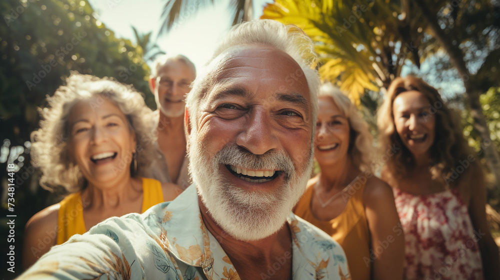 Cheerful seniors on vacation capturing memories on a sunny day..