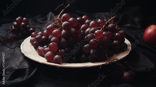 brown grapes are on a plate, in the style of eerie whimsy, paleocore, snapshot aesthetic, dark black and red, ragecore, soggy,white background photo