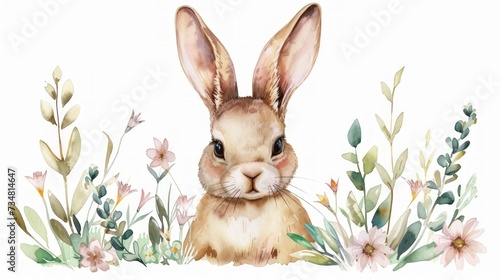 Illustration bunny rabbit easter with plant with watercolor style. AI generated image