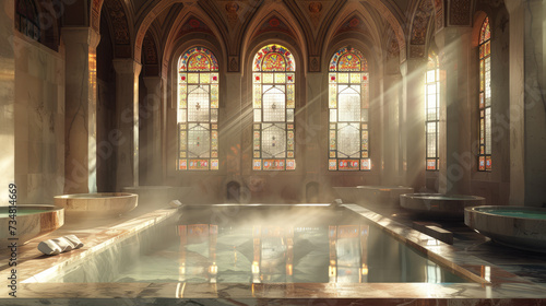 Sunlight streaming through stained glass windows illuminates the interior of a grand  historic cathedral.