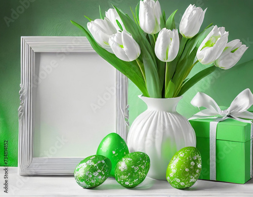 White and green Easter background with Easter eggs, tulips and a frame with space for text #734814852