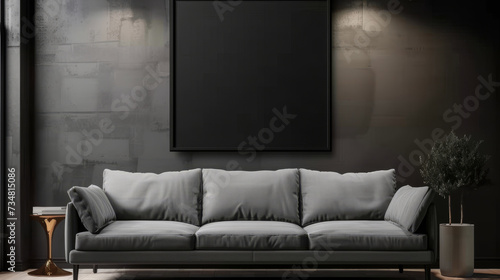  empty room with a grey couch and black frame mockup