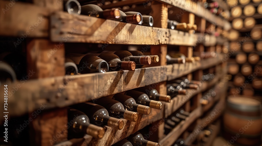 Sophisticated Wine Cellar: Aging Wine Bottles on Wooden Racks.