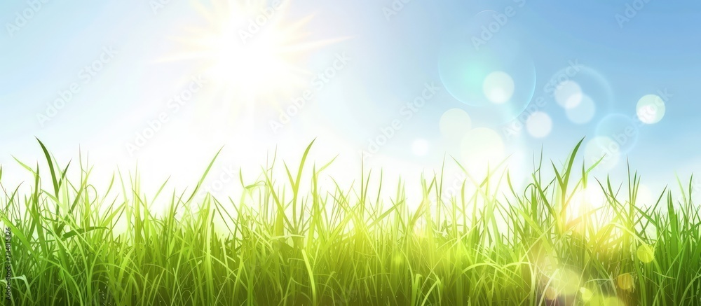 Beautiful sun and green grass natural background. AI generated image