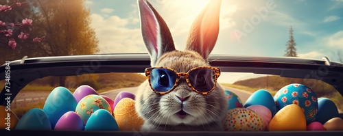 Cute Easter Bunny with sunglasses looking out of a car filed with easter eggs © Svitlana