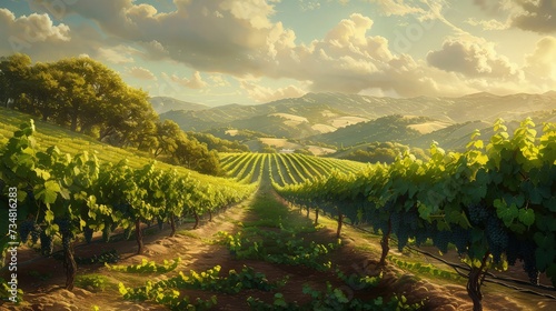 Scenic Vineyard View  Rolling Hills with Lush Greenery and Ripe Grapes