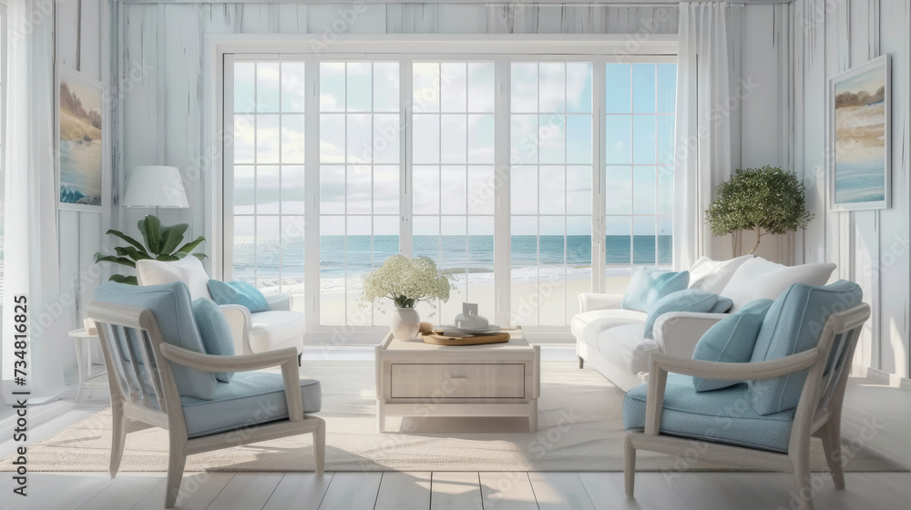 white living room with couches and a large window, white living room with couches and a large window,