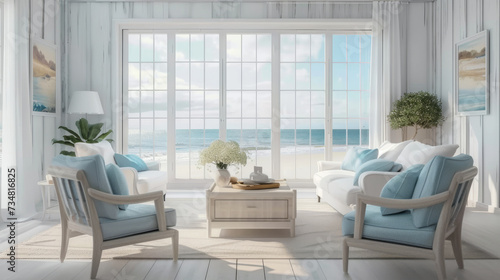 white living room with couches and a large window 