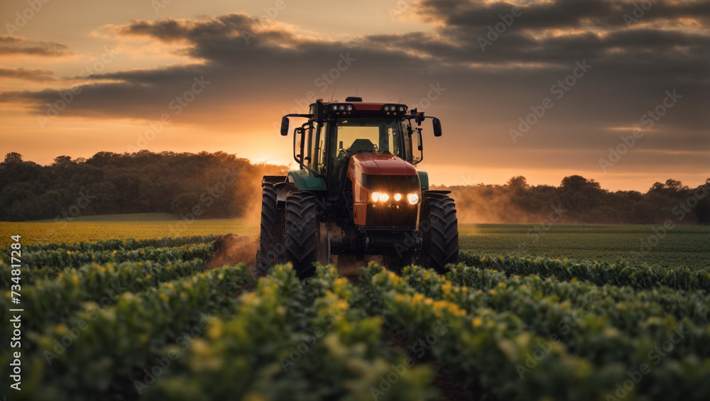 Fototapeta premium Tractor is harvesting agricultural crops, Combine harvester, agricultural field with sunset background. Generative Ai
