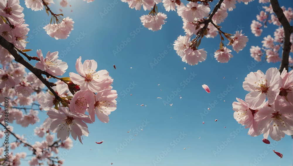 Illustration featuring a serene landscape with cherry blossom petals gently falling under a clear blue sky.
