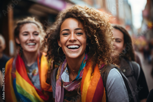 portrait of a girl at a gay pride parade, happy and joyful emotions with friends, LGBT concept