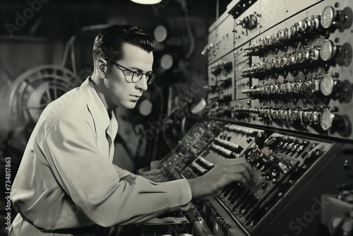 An employee uses a control panel in the industrial center for measurement, computing and information processing, a retro analog device in the laboratory