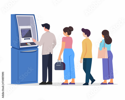 Customer standing in line or queue near ATM Machine and withdrawal cash digital bank service vector illustration