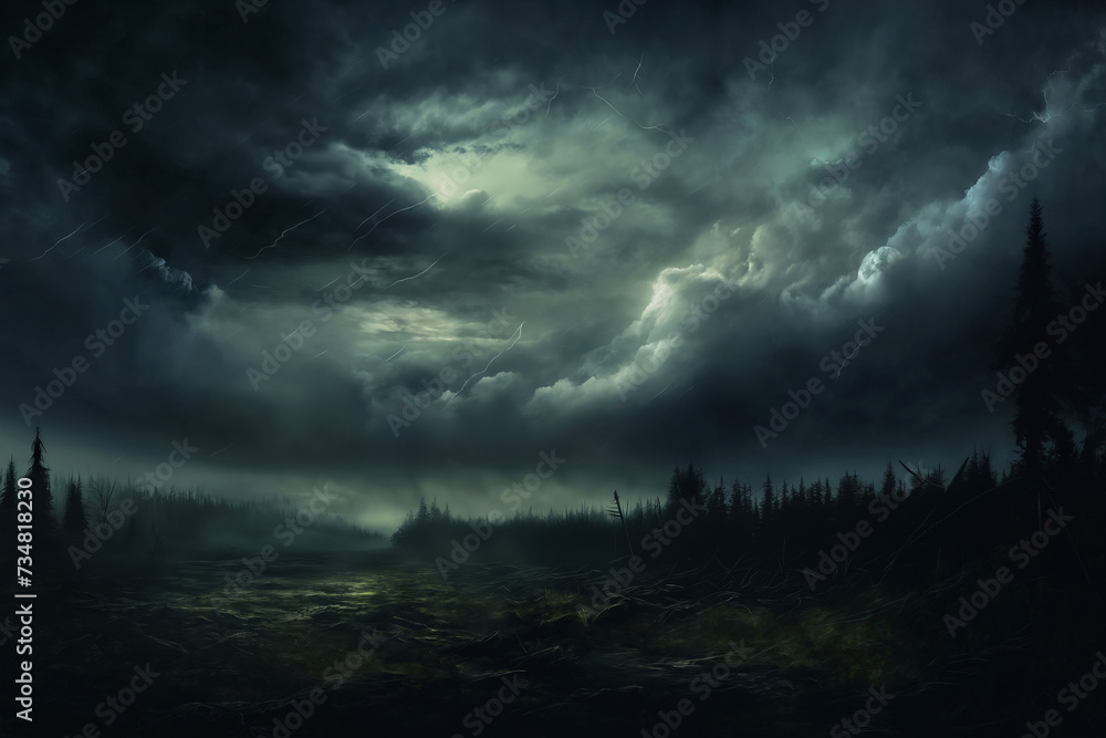 dark dramatic stormy sky with lightning and cumulus clouds over forest for abstract background dark dramatic stormy sky with lightning and cumulus clouds over forest for abstract background