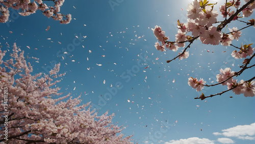 Magical scene of cherry blossom petals swirling down under a calm and inviting blue sky.