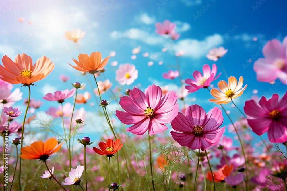 Beautiful spring summer bright natural background with colorful cosmos flowers