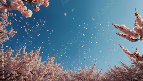 Tranquil scene of cherry blossom petals drifting down against a backdrop of a vibrant blue sky.