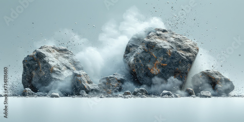 Massive rocks crashing into the ground with dynamic dust clouds against a stark white backdrop. photo