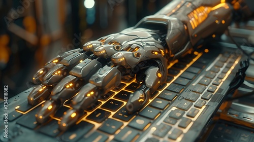 Robotic hand typing on the keyboard futuristic robot AI Image Generative
